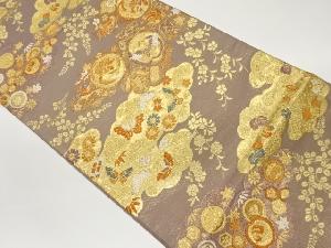 雲に蝶・草花模様織出し袋帯